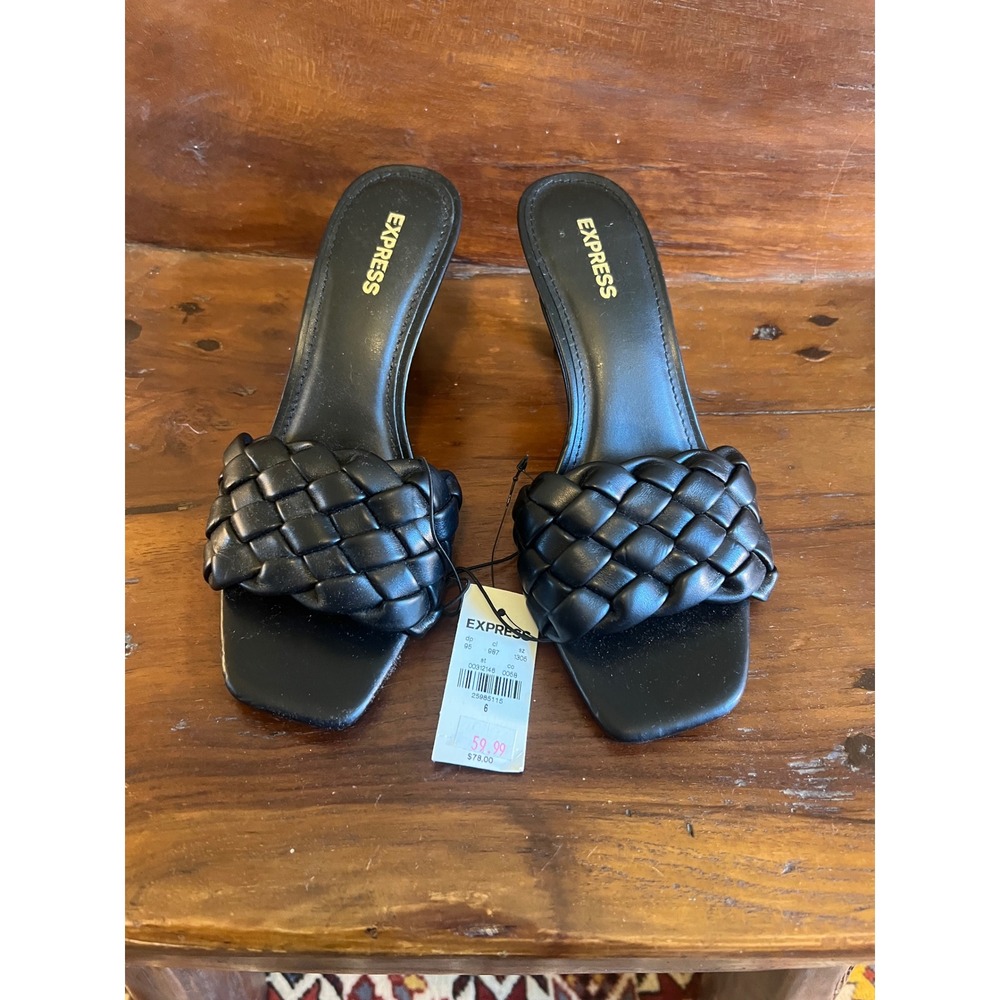 Express Black Braided Kitten Heel Sandals Woven Square Toe Mules Womens 6 NEW